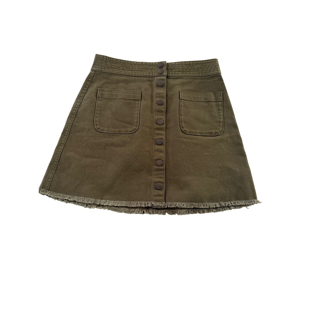 Madewell Olive Green Button Front Mini Skirt with Fringe Hem Size 2